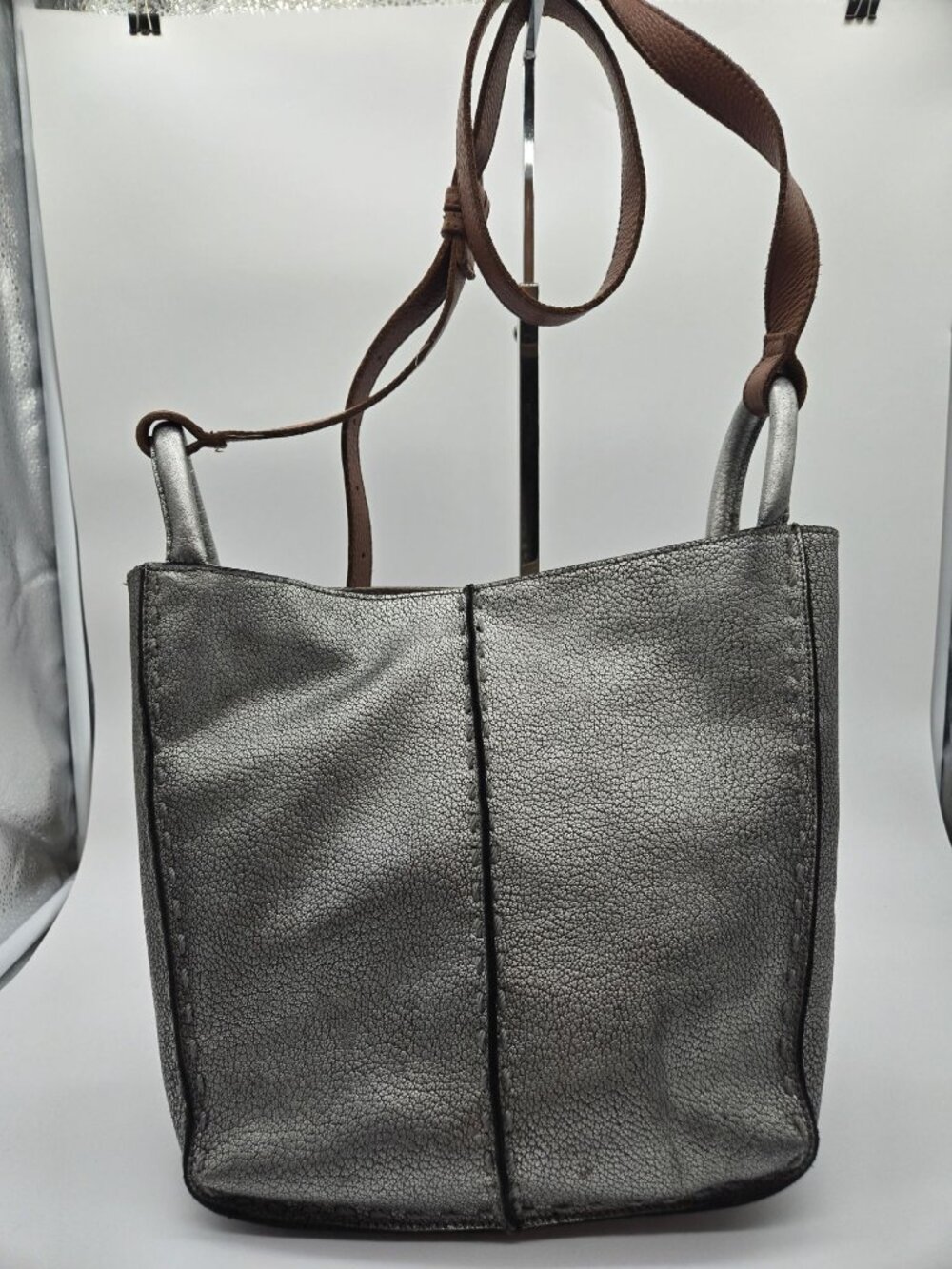 the Sak Los Feliz Leather Slouchy Tote Bag Metallic Silver